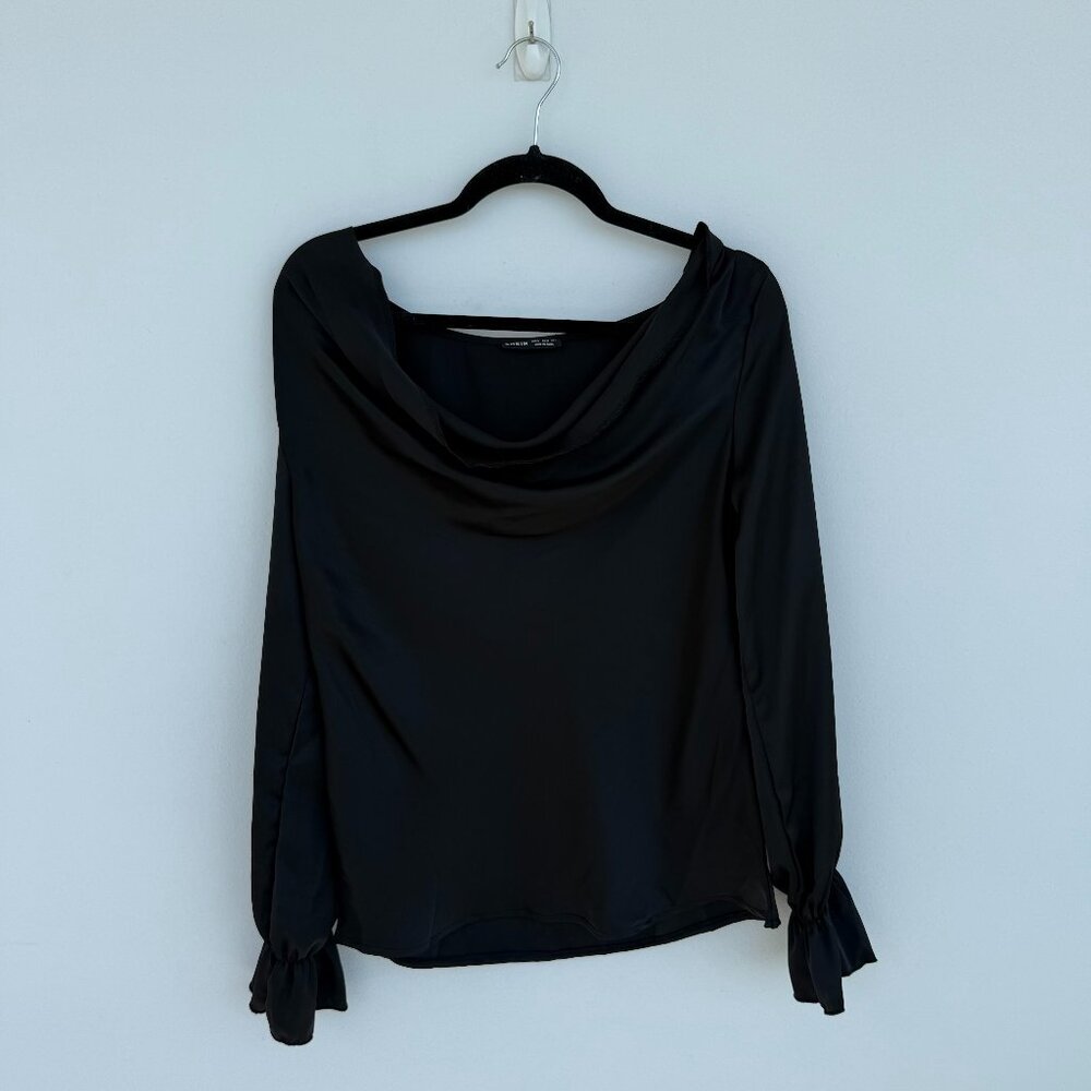 Black satin cowl neck long sleeve blouse.